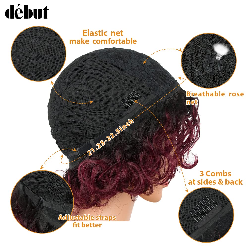 DÉBUT Kurze Bob Perücke mit Air Bangs Kurze lockige gewellte Echthaar Bob Perücke für Damen 25 cm 12