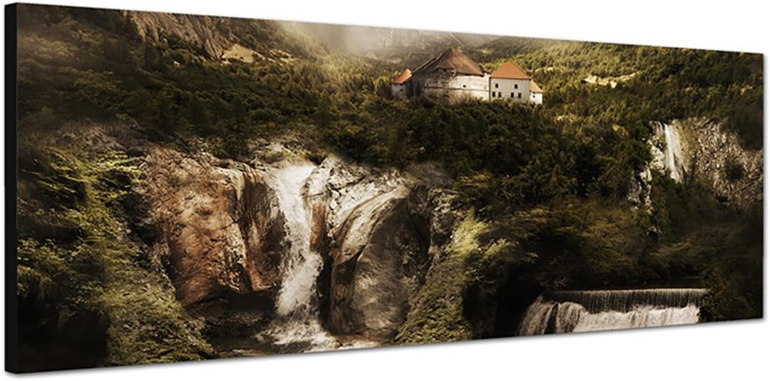 Paul Sinus Art Panoramabild auf Leinwand und Keilrahmen 150x50cm Berge Dorf Wasserfall Wolken Nebel