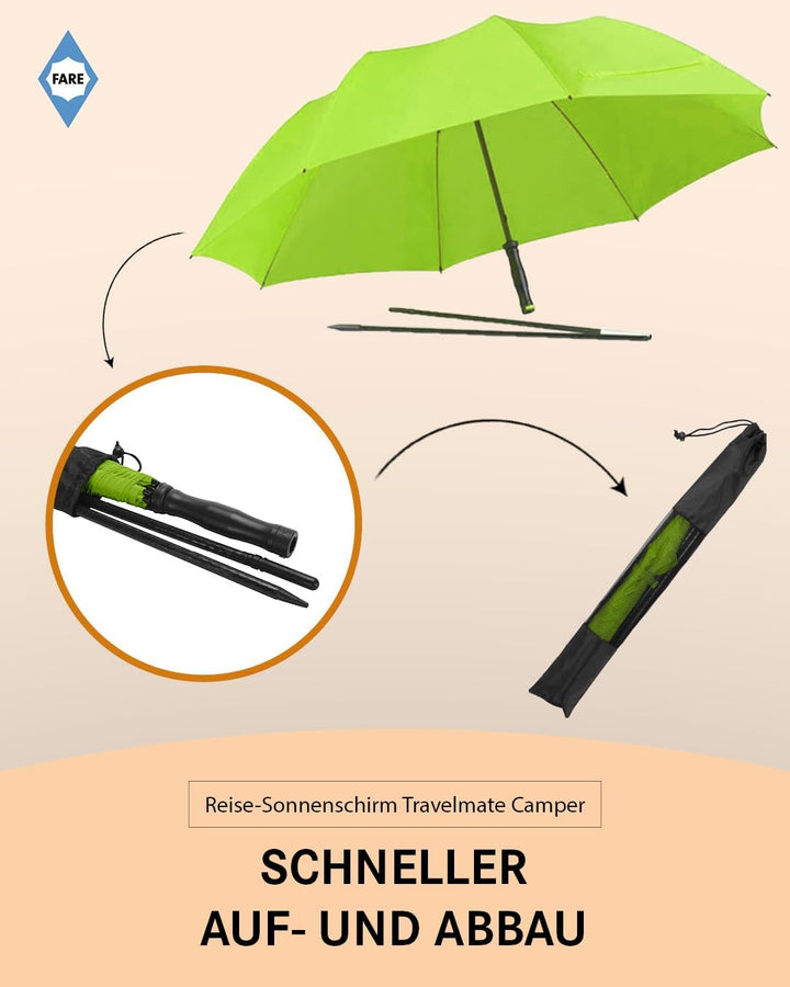 FARE Reise-Sonnenschirm Travelmate Camper UV Schutz 50+ für Koffer Flugzeug Camping Balkon Strand Ga