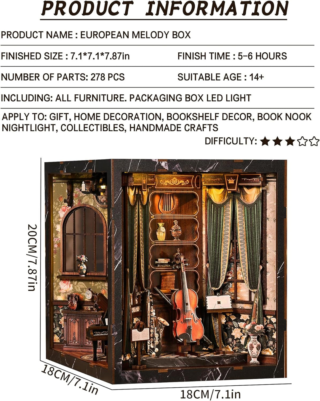 Spilay Miniatur Haus, European Melody Box DIY Miniature House mit LED-Licht, 3D Holz Puppenhaus Bast