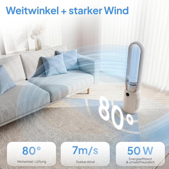 ROVSUN 4 in 1 Blattloser Turmventilator sehr Leise 25-50dB, Turmventilator 50 W mit 15H-Timer & Fern