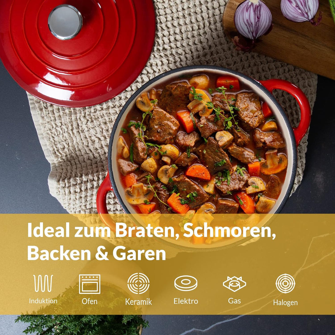 Chefarone Gusseisen Topf 24 cm, 3,5 L – Schmortopf emailliert mit Deckel für Brot backen, Schmoren &