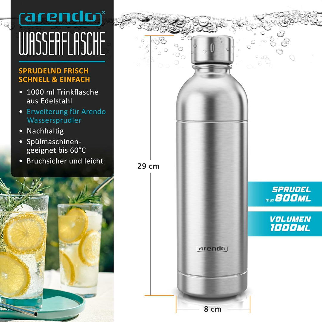 Arendo - Wassersprudler 1000 ml Wasserflasche BPA frei – Edelstahl – Ersatz - kein Plastik - Soda Ma