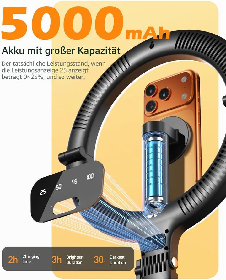 CloudValley Magnetisches 10" Tischringlicht mit Akkuanzeige, 5000mAh Kopfhörerhalterung, faltbares t