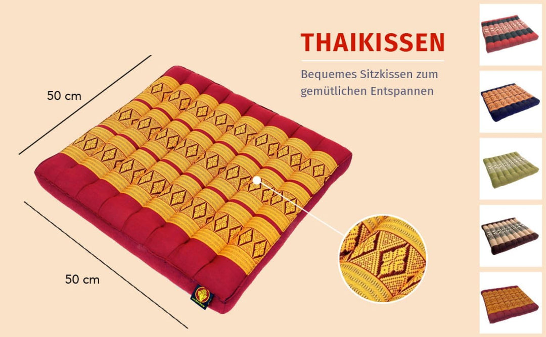 GURU SHOP Sitzkissen, Bodenkissen, Bodenmatte Thai, aus Kapok, 50x50 cm - Rot/schwarz normal Rot/Sch