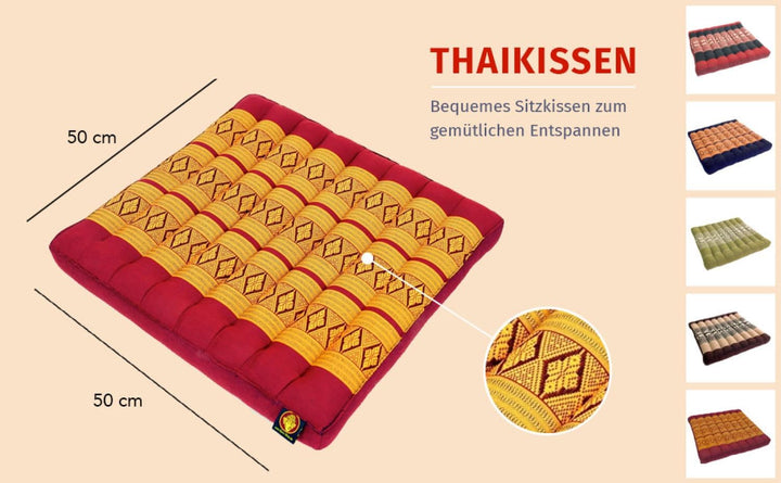GURU SHOP Sitzkissen, Bodenkissen, Bodenmatte Thai, aus Kapok, 50x50 cm - Rot/schwarz normal Rot/Sch
