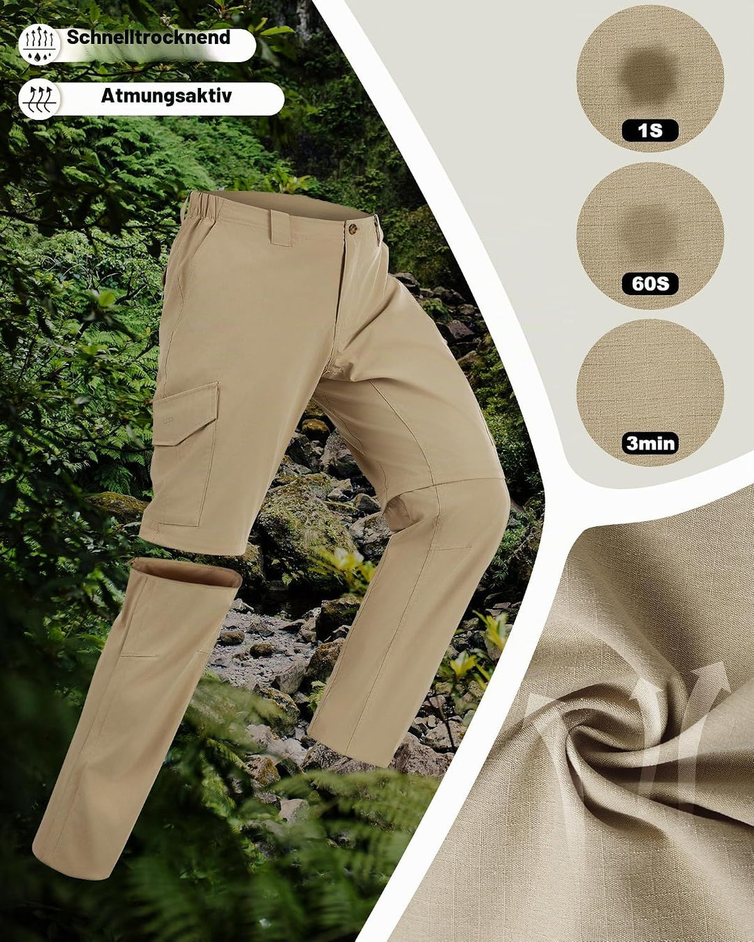 33,000ft Wanderhose Herren Zip Off Trekkinghose, Atmungsaktiv Abnehmbar Stretch Outdoorhose mit 6 Ta