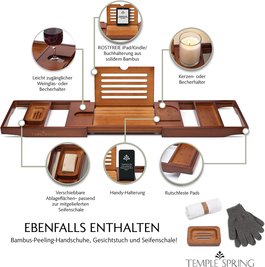 TEMPLE SPRING - Badewannenablage Bambus mit Kerzen-, Weinglas-, Buch-, Tablet-, iPad- und Telefonhal