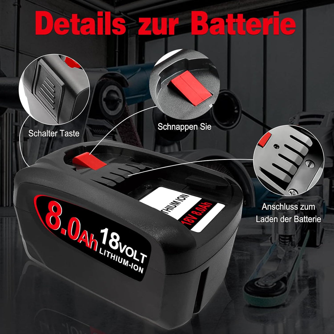 2 × 8.0Ah Ersatz für Bosch akku 18V Kompatibel mit Bosch 18V Akku Werkzeuge Home and Garden System,
