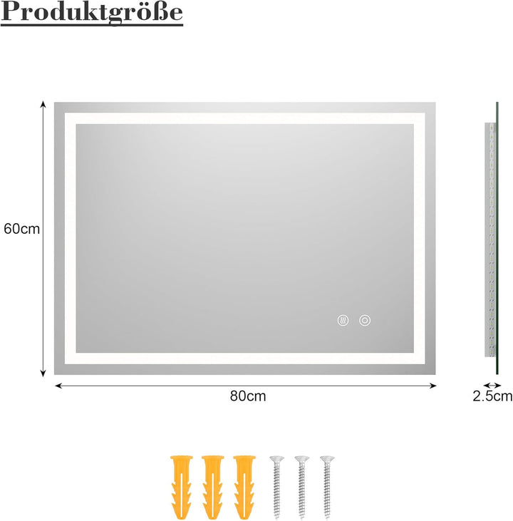 Badspiegel mit Beleuchtung, Badezimmerspiegel 80 x 60 cm, LED Spiegel Bad, mit 3 Lichtfarben, Dimmba