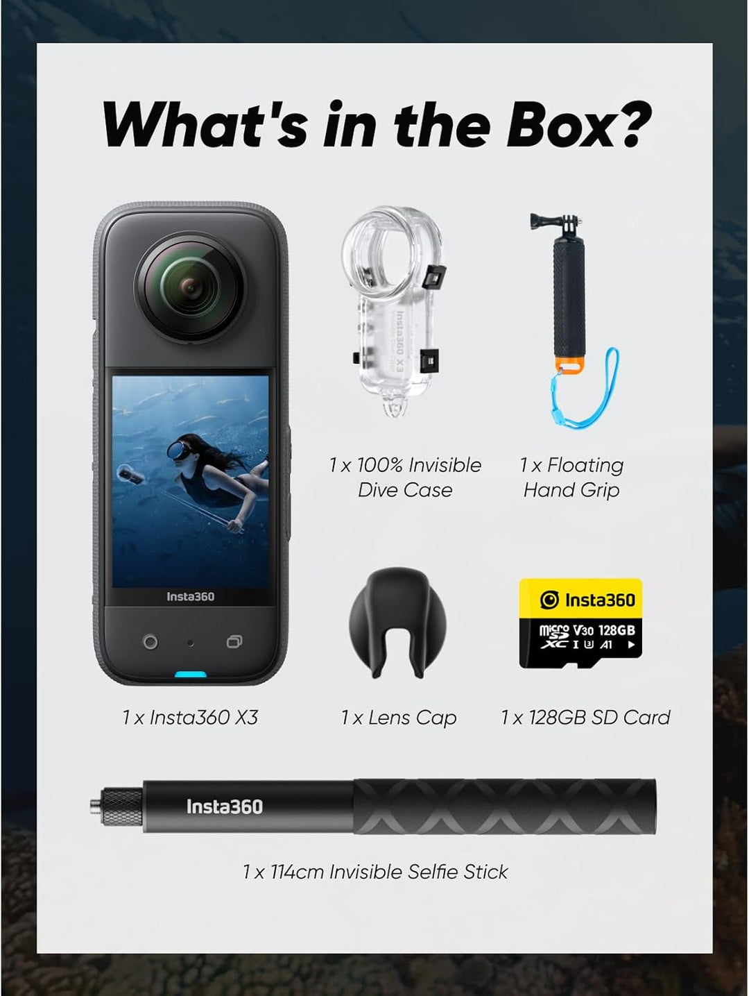 Insta360 X3 Unsichtbares Tauch-Bundle - Wasserdichte 360°Actionkamera mit 1/2"-Sensor, 5,7K 360°, 72
