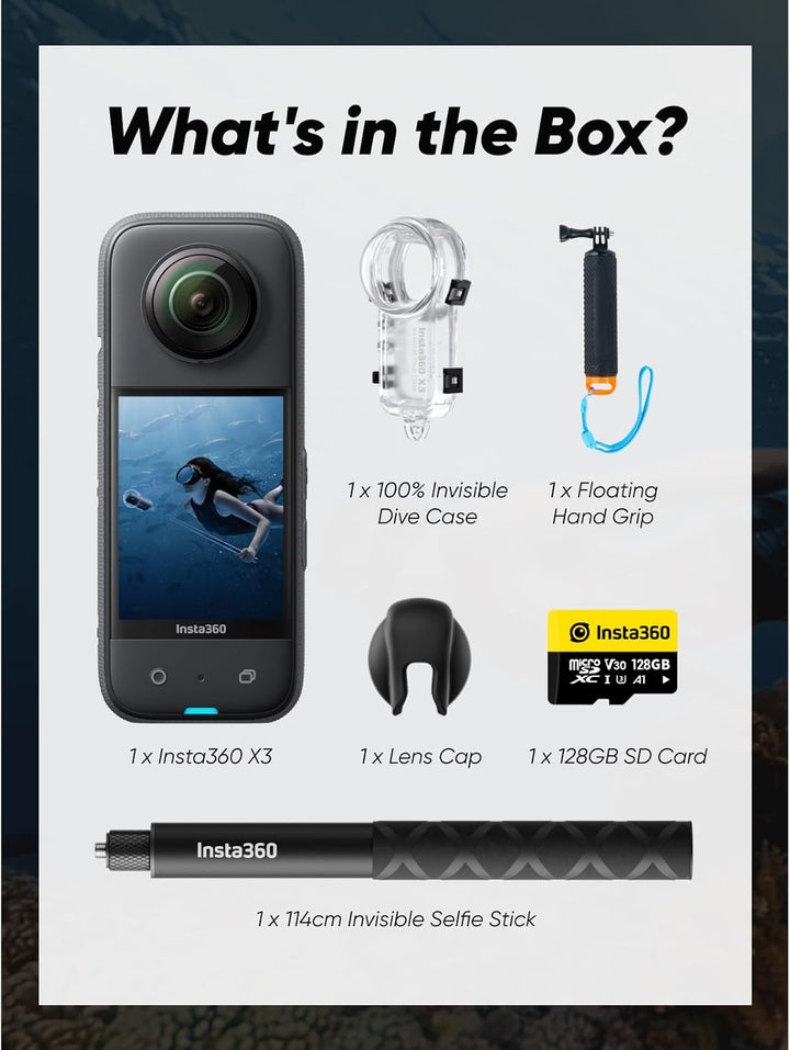Insta360 X3 Unsichtbares Tauch-Bundle - Wasserdichte 360°Actionkamera mit 1/2"-Sensor, 5,7K 360°, 72