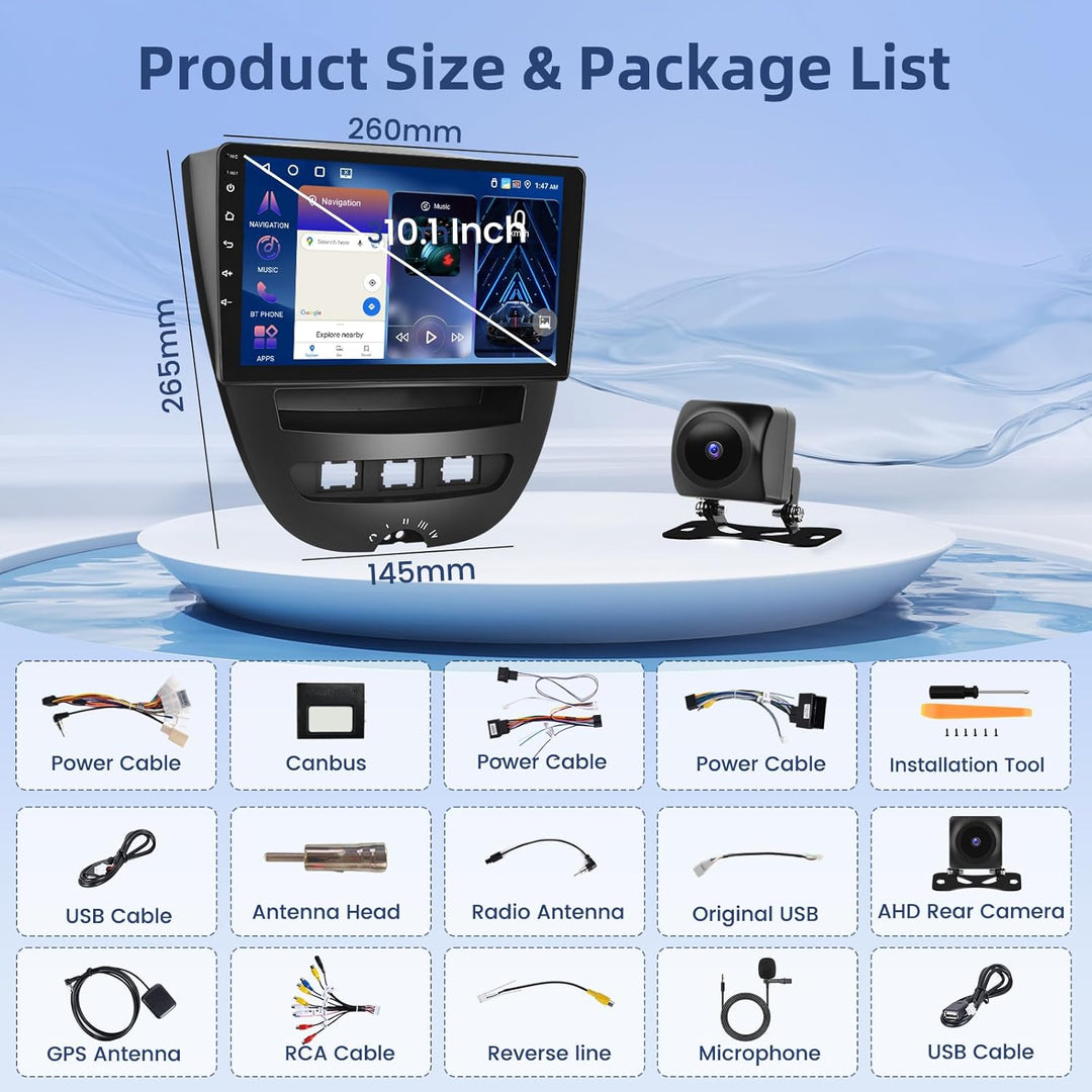 Hikity [4+64GB] Android 15 Autoradio CarPlay Android Auto Wireless für Peugeot 107/ Toyota Aygo/Citr
