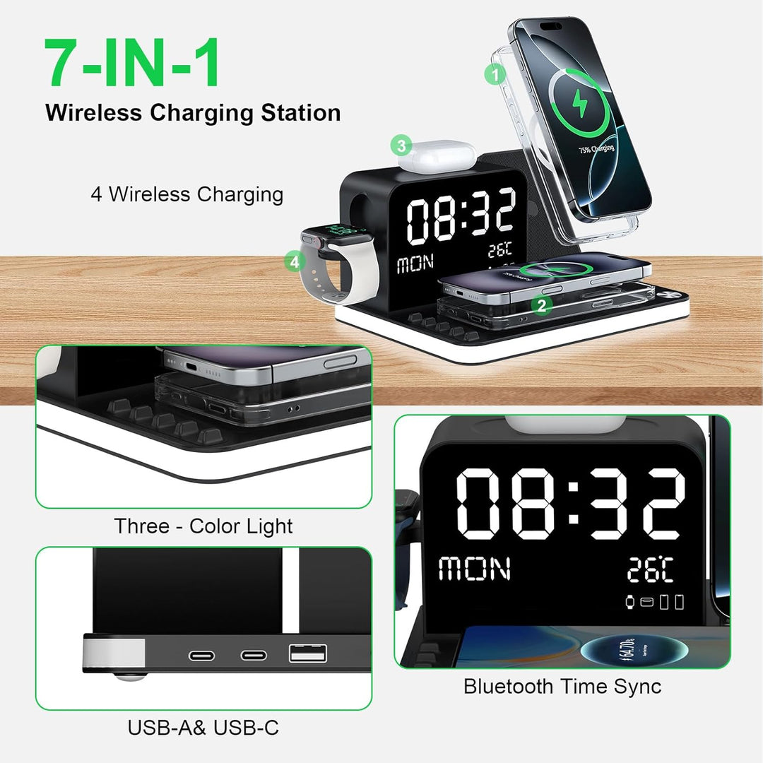 7-in-1 kabelloses Ladegerät mit Uhr, Temperatur & Datum, kompatibel mit iPhone 17/16/15/14/13 Pro Ma