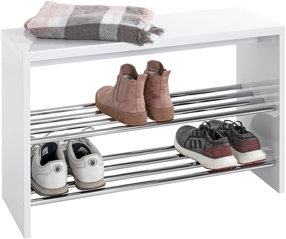 HAKU Möbel Schuhbank, MDF, weiss-chrom, B 81 x T 30 x H 55 cm B 81 x T 30 x H 55 Weiss-chrom, B 81 x