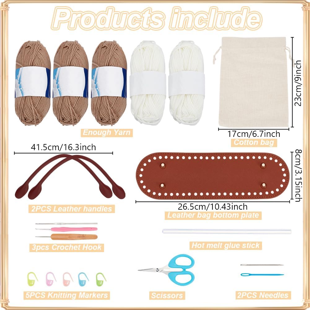 ORIGACH Handtaschen Häkelset Für Anfänger, DIY Starter Häkelset Mit Khakifarbene Gestreifte Häkeltas