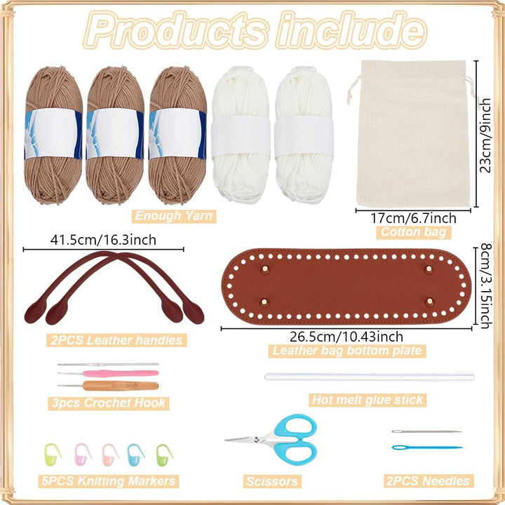 ORIGACH Handtaschen Häkelset Für Anfänger, DIY Starter Häkelset Mit Khakifarbene Gestreifte Häkeltas