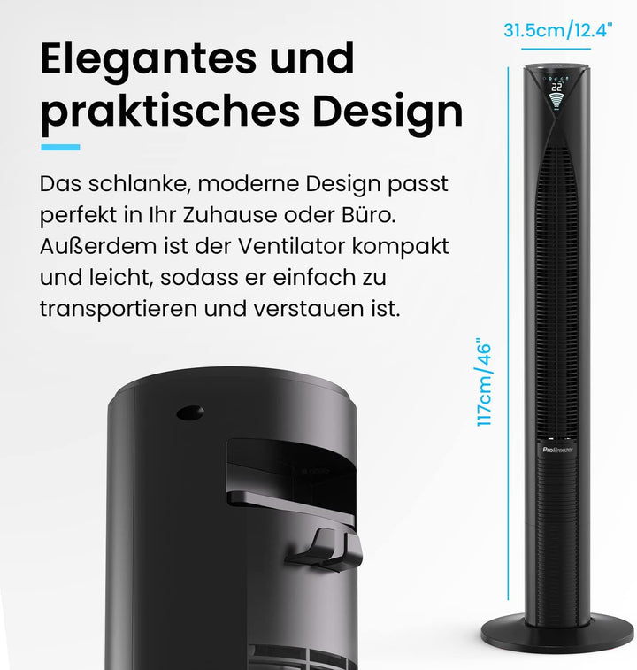 Pro Breeze Premium Design Turmventilator mit Fernbedienung, Timer & Oszillation, 117cm hoch - Standv