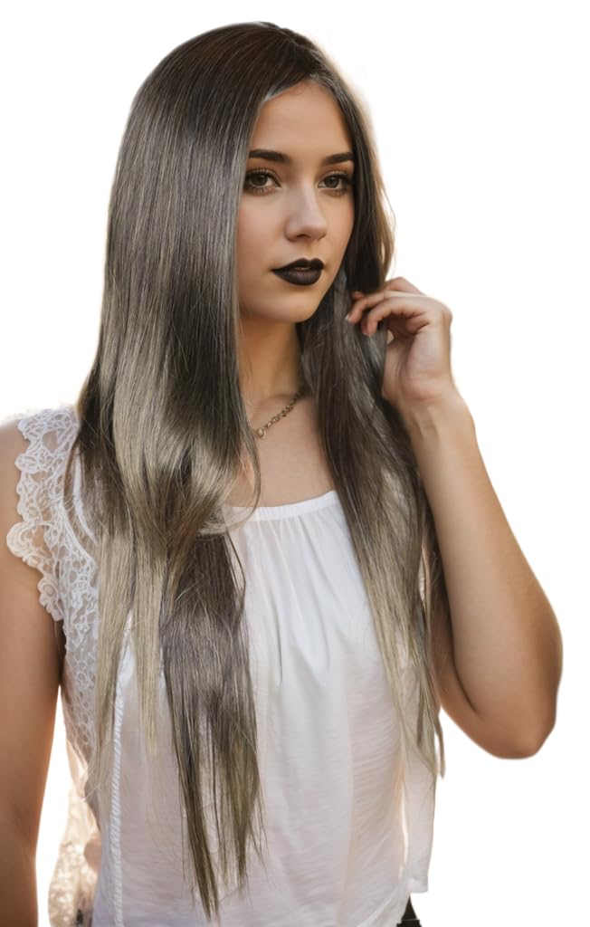 Prettyland 80cm Damen Lang-Perücke Mittel-Scheitel Wig Cosplay Hitzefest Schwarz-Grau gesträhnt C145