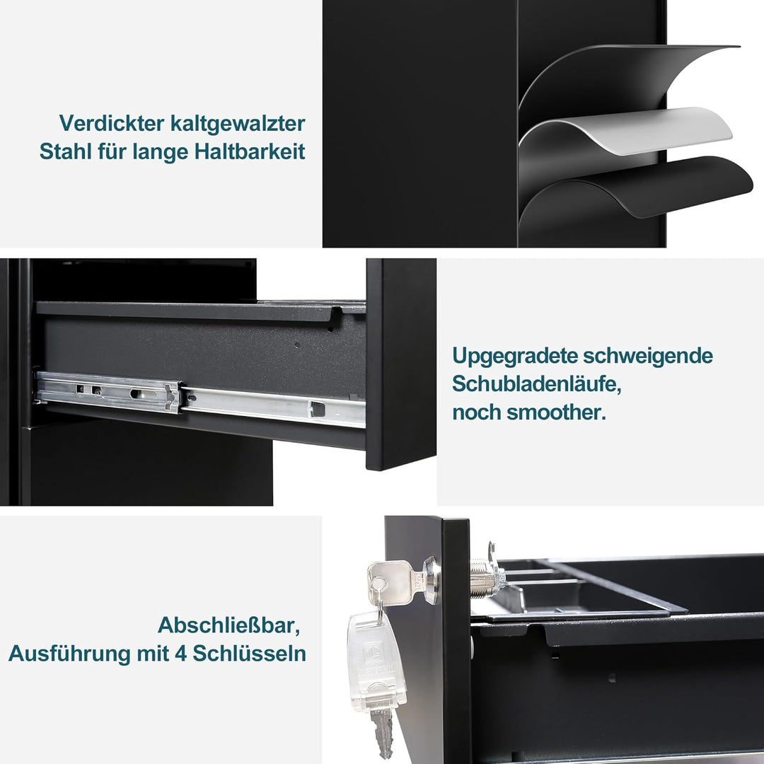 Rollcontainer mit Schubladen, Mobiler Aktenschrank unter Schreibtisch, Abschliessbarer Büroschrank,