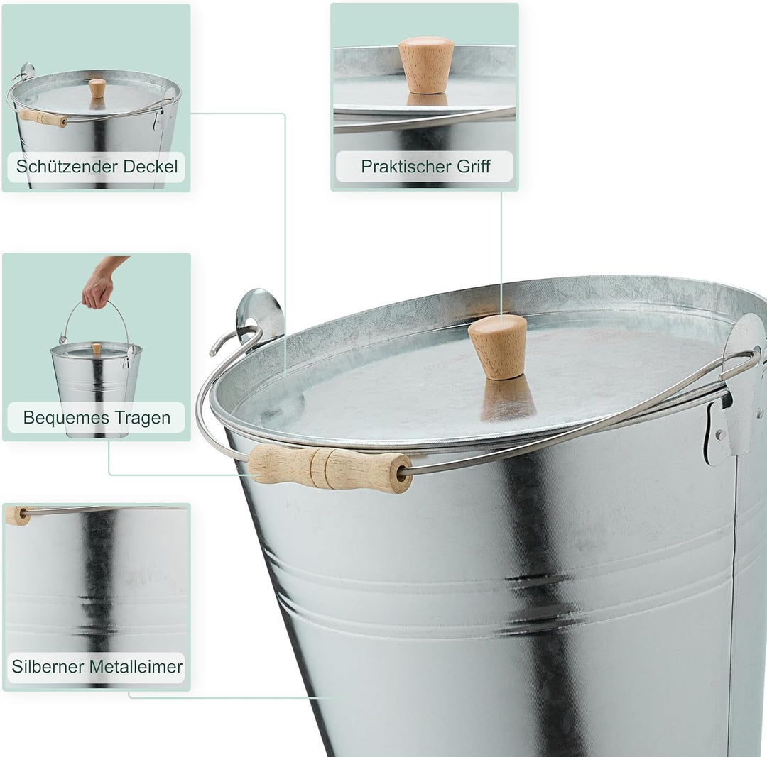 Relaxdays Ascheeimer mit Deckel, 12,5 Liter, Henkel mit Holzgriff, für Kohle & Asche, Kamin, Stahl A