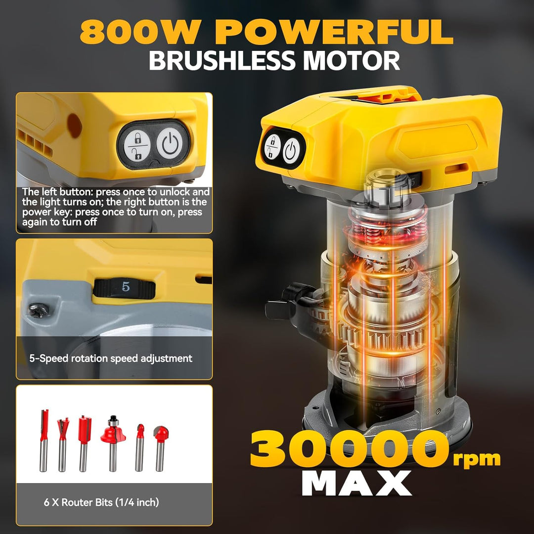 Kabelloser Power-Router kompatibel mit Dewalt 18/20 V Akku, bürstenloser Holzfräser, 5 Geschwindigke