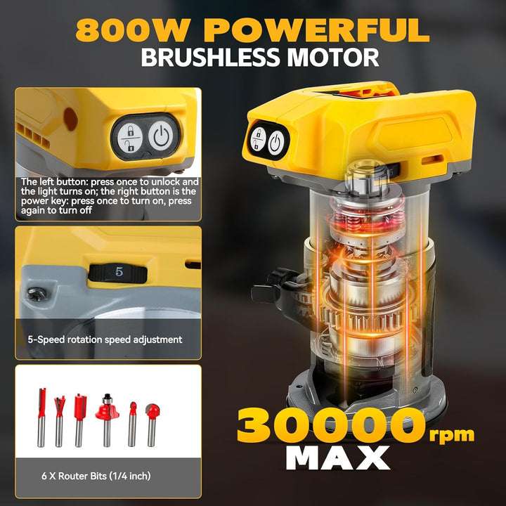 Kabelloser Power-Router kompatibel mit Dewalt 18/20 V Akku, bürstenloser Holzfräser, 5 Geschwindigke