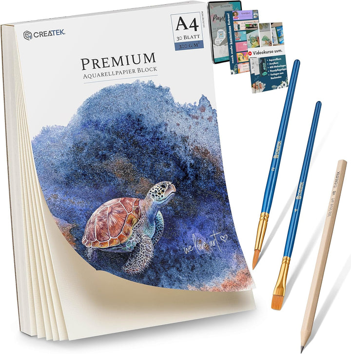 CreaTek Aquarellpapier A4 300 g Einschliesslich 2-Stunden-Videokurs 30 Blatt Aquarellblöcke + 2 Pins