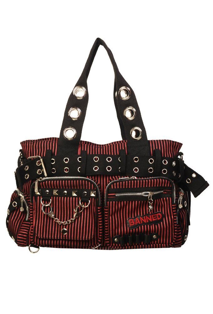 Banned Damen Handtasche mit Handschellen-Details, Rockabilly-Look, Leinwand, rot - rot - Grösse: Lar