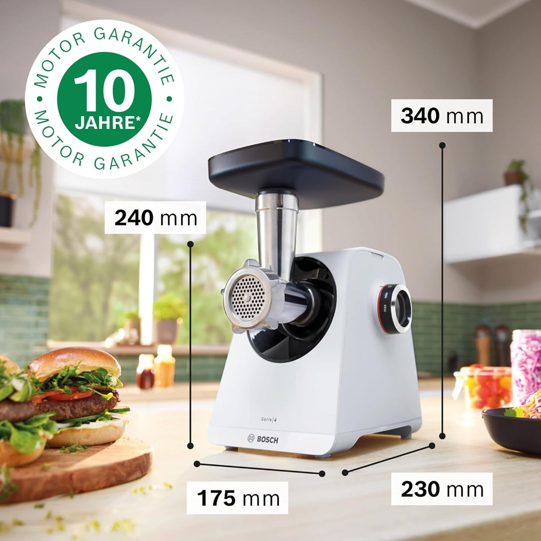 Bosch Fleischwolf Serie 4 MFWS420W, kompakt, 2 Stufen, 2 Lochscheiben (3 & 8mm), Wurststopfer, 10 J