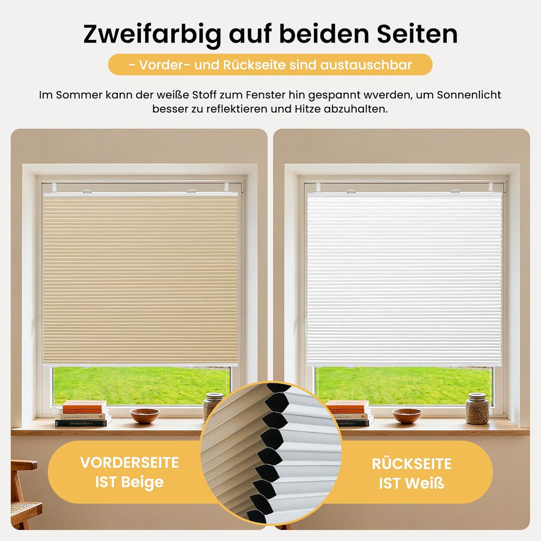 BelleMax Plissee Verdunklung Klemmfix Wabenplissee ohne Bohren Beige-Weiss 70x120cm(BxH), Thermo Ver