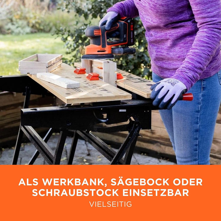 Black+Decker flexible Werkbank WM825 mit grosser Arbeitsfläche – Exaktes Arbeiten dank Gradeinteilun