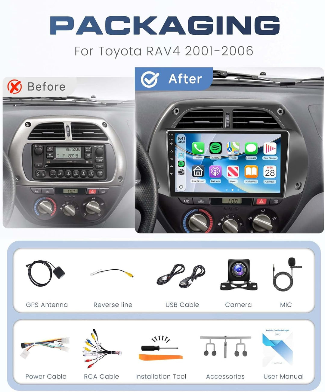Rimoody 8 Core 6G+128G 9" Autoradio Android für Toyota RAV4 2001-2006 mit Carplay Wireless Android A