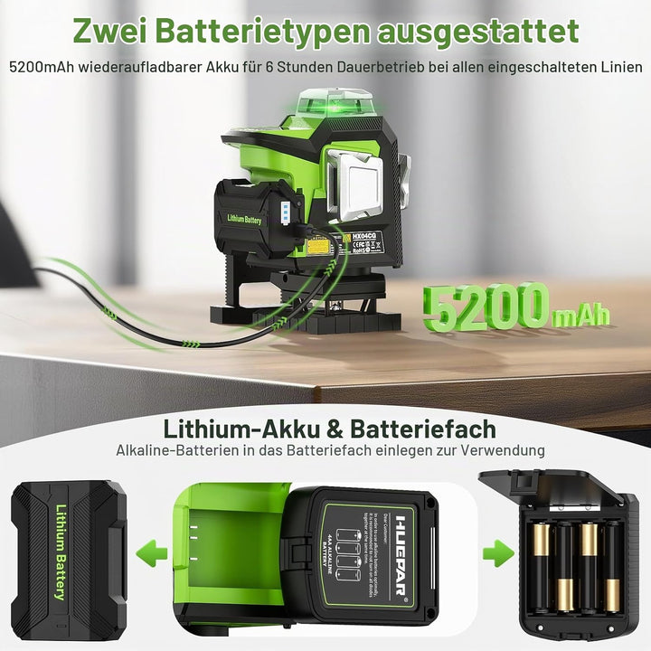 Huepar 4D 16-Linien-Laser, selbstnivellierendes Laserwerkzeug mit grünem Strahl, LCD-Bildschirm und
