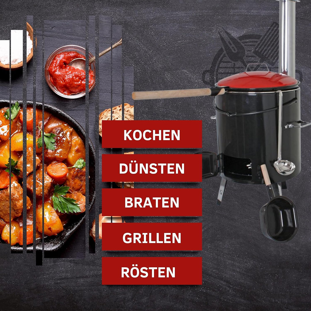 Schauer Gulaschkessel Gulaschkanone mit Topf 14 Liter | Eintopfofen mit Grillfunktion emailliert mit