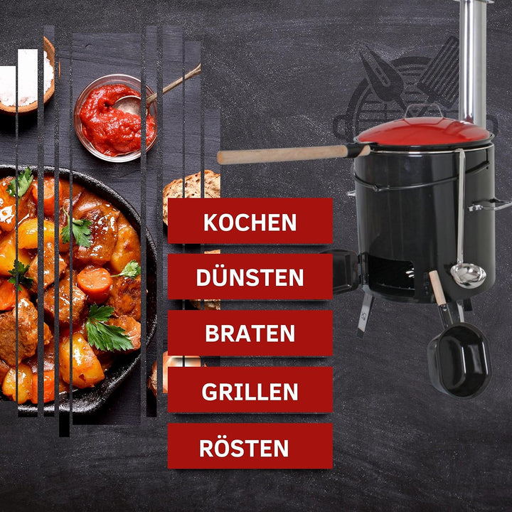 Schauer Gulaschkessel Gulaschkanone mit Topf 14 Liter | Eintopfofen mit Grillfunktion emailliert mit