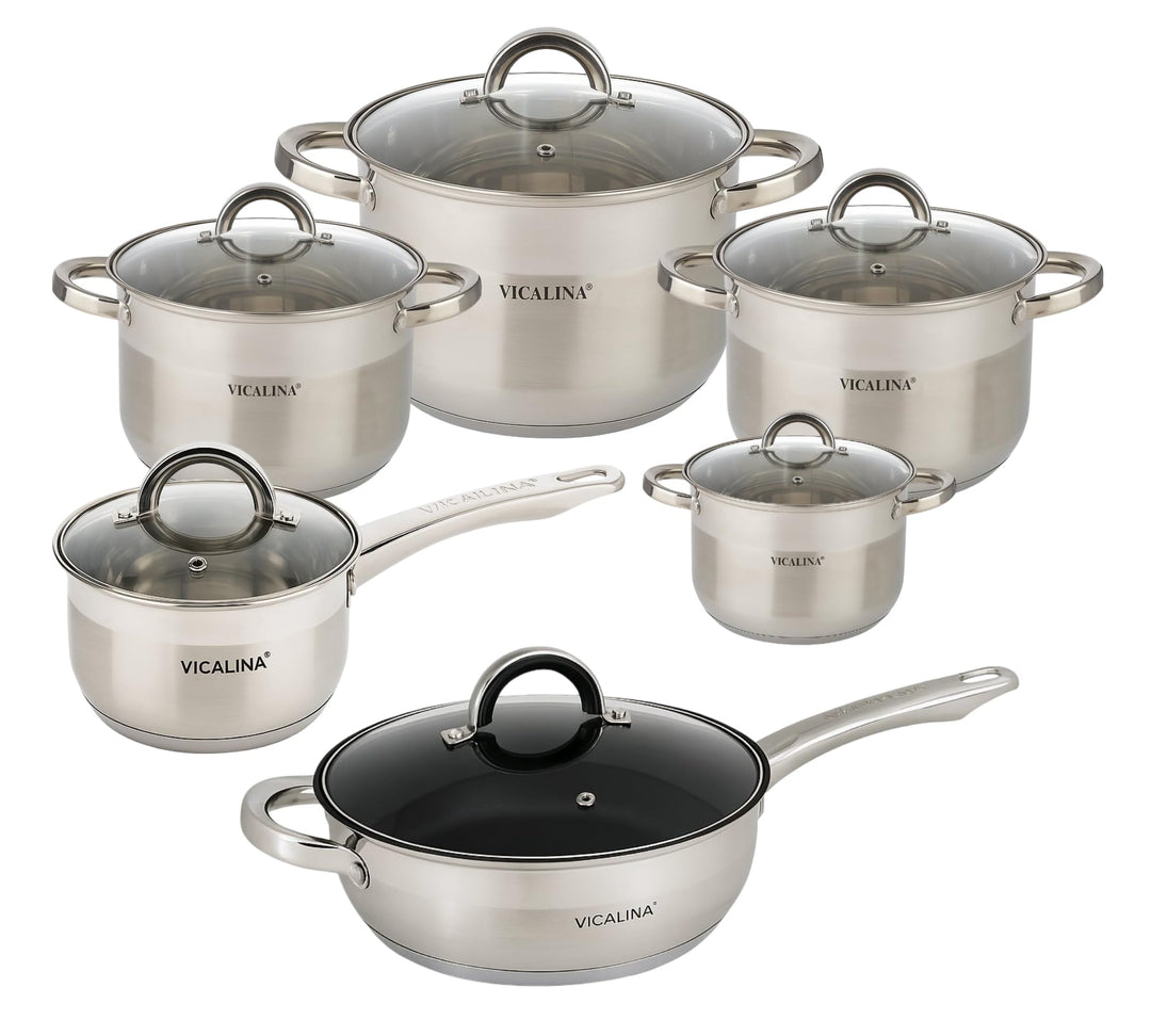 Edelstahl Kochtopf Set 12-teilig mit Glasdeckel – Induktionsgeeignetes Topfset – Spülmaschinenfest &
