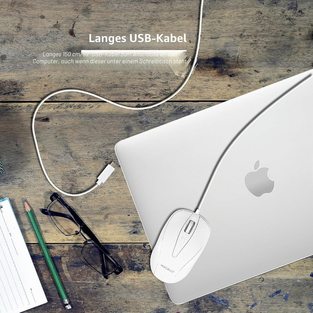 Macally UCTURBO, MacBook Maus USB C, optisch mit Kabel, Mouse für USB-C Notebook und Laptop, weiss /