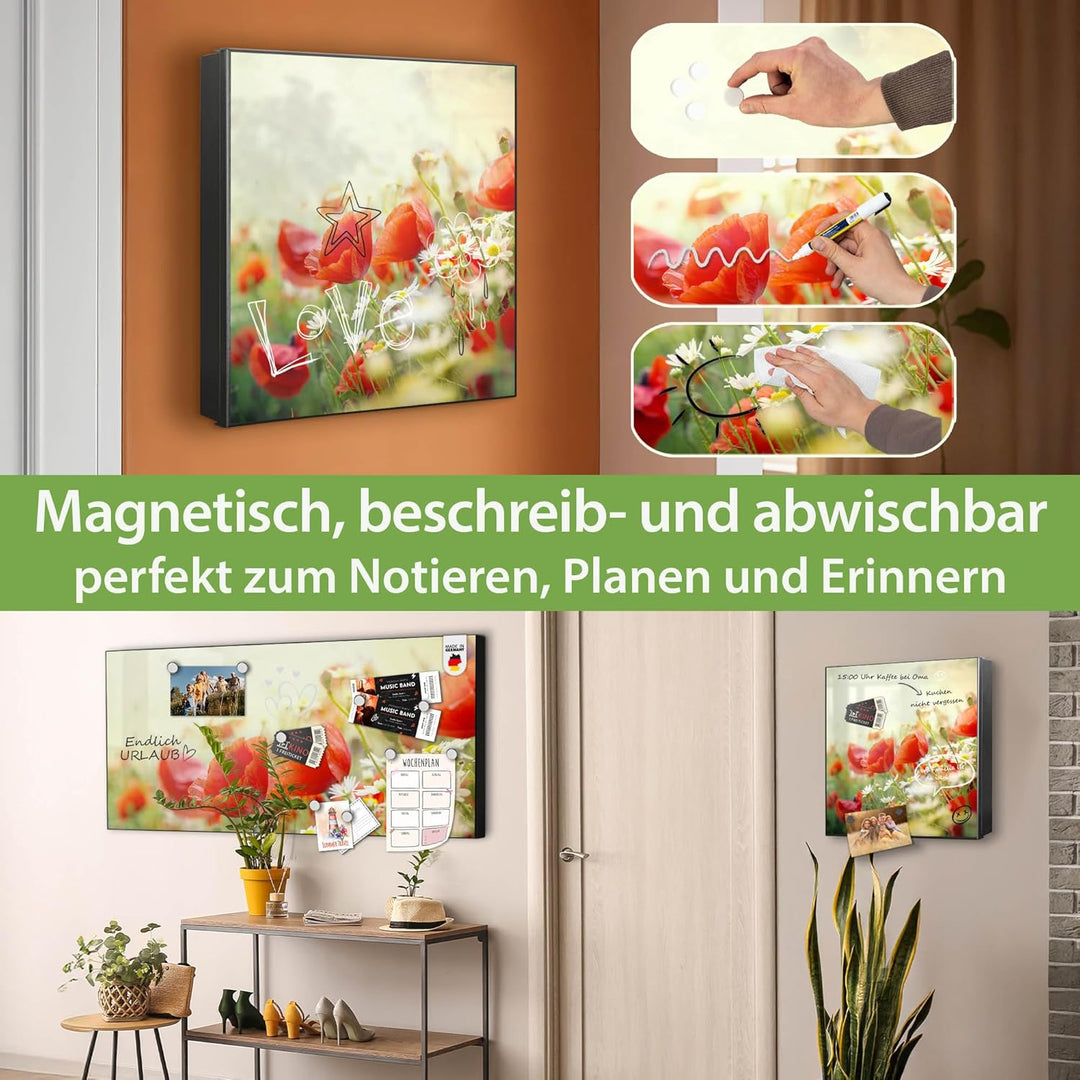 banjado® Grosser Schlüsselkasten Glas/Schlüsselbox 30cm x 30cm mit 50 Haken - Motiv Kamille Und Mohn