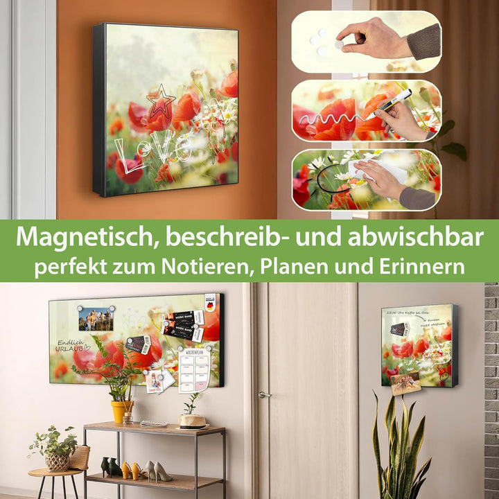banjado® Grosser Schlüsselkasten Glas/Schlüsselbox 30cm x 30cm mit 50 Haken - Motiv Kamille Und Mohn