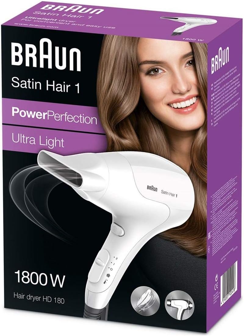 Braun Satin Hair 1 Power Perfection Haartrockner, professioneller Föhn mit Stylingdüse, HD180, weiss