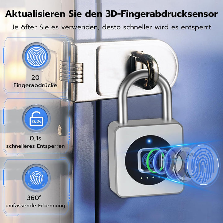 Eseesmart Fingerabdruck Schloss - Vorhängeschloss Fingerabdruck mit Kabel, Smart Lock with Bluetooth