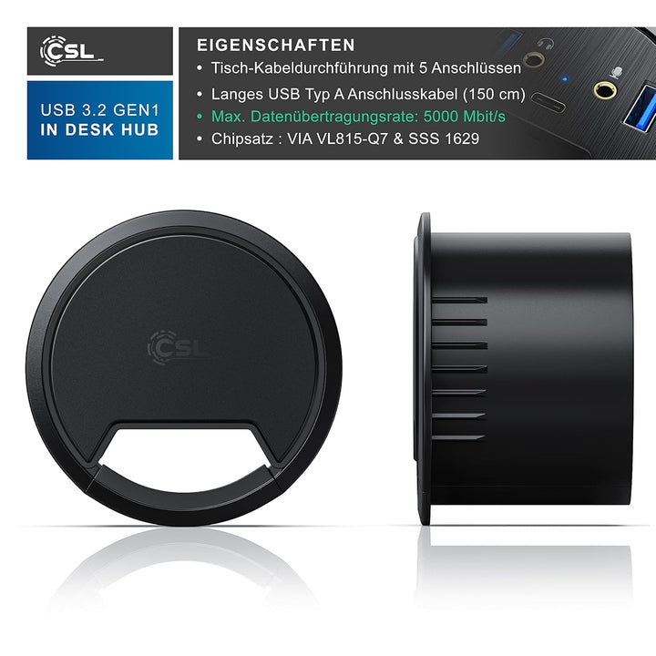 CSL - USB 3.0 In-Desk USB Hub - Tisch Kabeldurchführung - Tischkabeldose - 2 x USB 3.2 – 1 x USB C 3