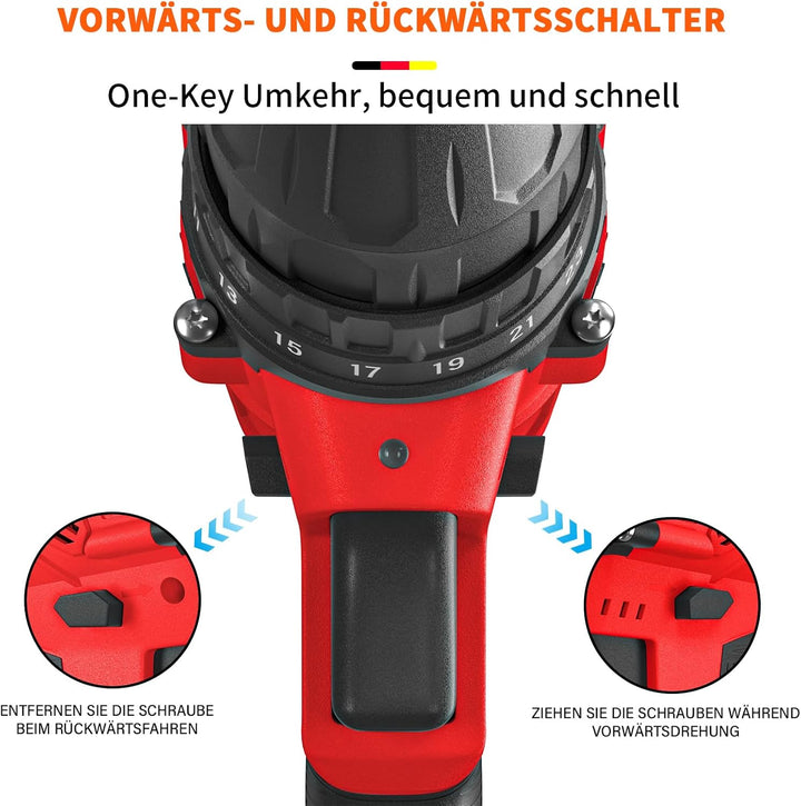 Akkuschrauber Set 21V Akku Bohrschrauber mit 2 Akkus Schlagbohrschrauber Akkubohrer Set, 45Nm Drehmo