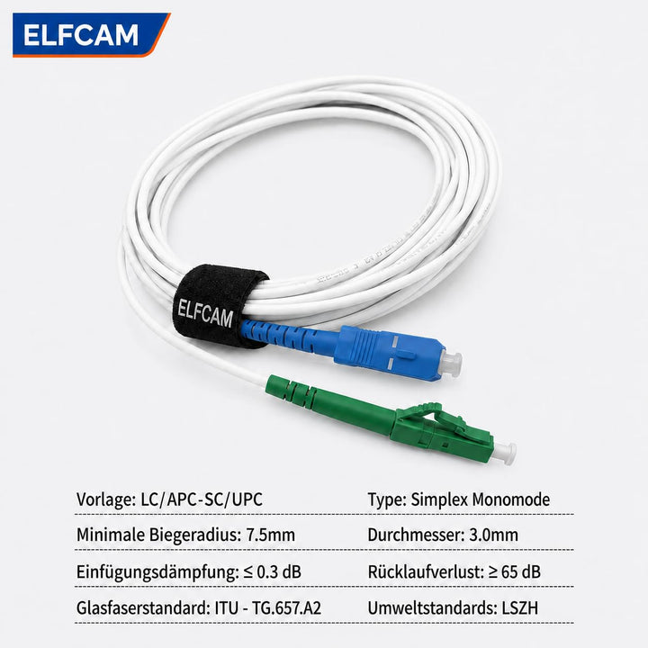 Elfcam - 50m Glasfaser-Kabel LC/APC auf SC/UPC Stecker für FRITZ!Box, Simplex Singlemode 9/125μm OS2
