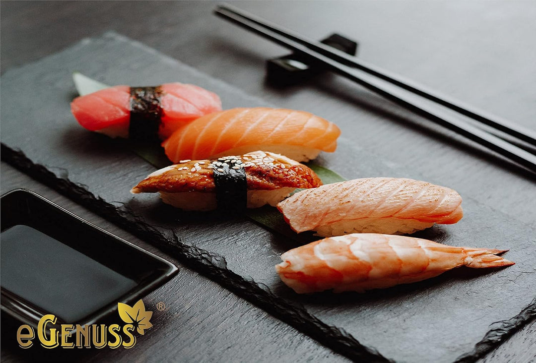 eGenuss 12er-Set Schieferplatten Dessertteller Sushi Geschirr schwarz Teller Schiefer Serviertablett