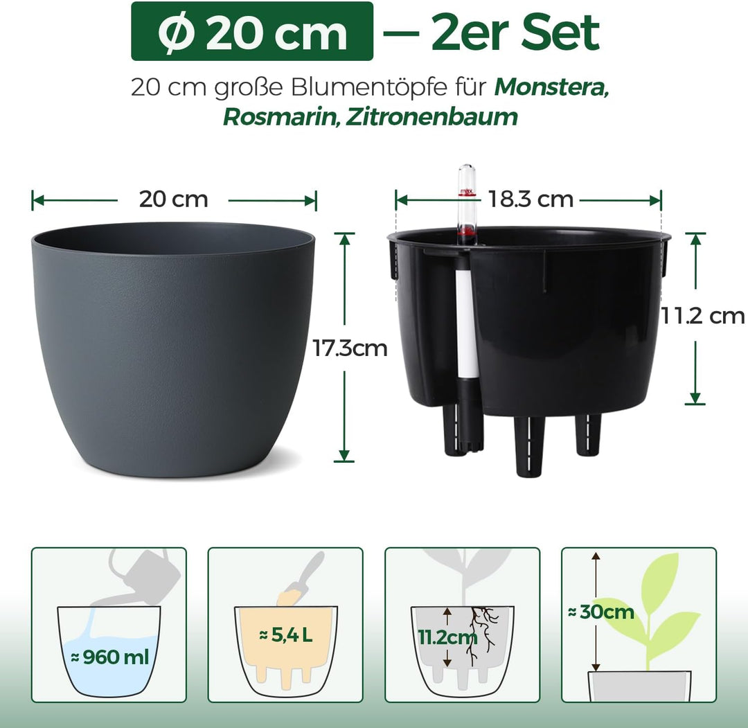 T4U 2Pcs 20cm Selbstbewässerungstopf mit Wasseranzeiger, Praktischer Blumentopf für vielbeschäftigte