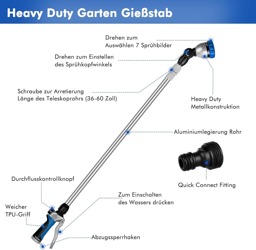 RESTMO Langer Teleskop Giessstab 92-152 cm, Lang Gartenbrause Metall mit 180° schwenkbaren Kopf, 7 S