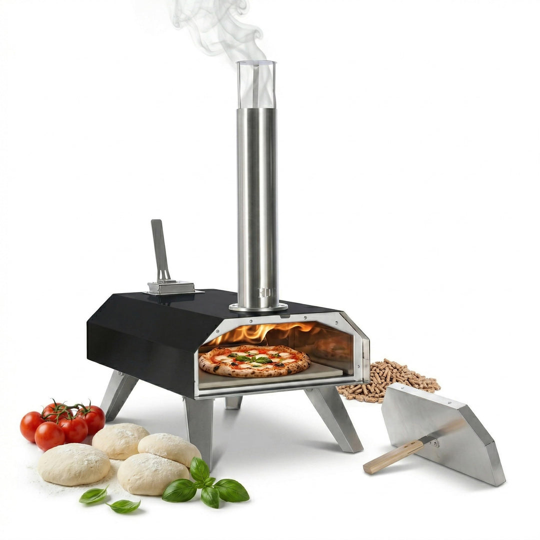 Relaxdays Pizzaofen, für Pellets, Tischpizzaofen, 400°C in 90s, schwarz | HBT 72x36x68 cm, mit Pizza