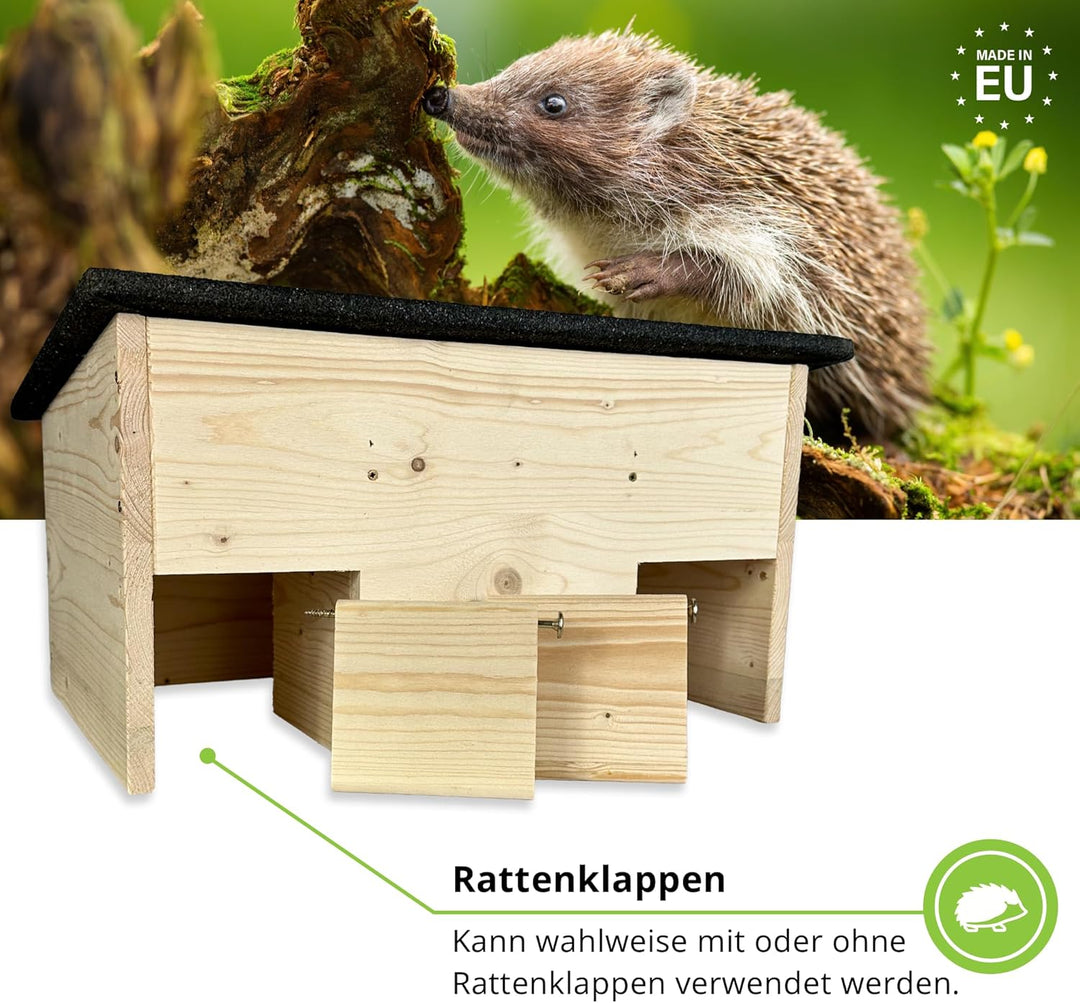 GARTENETAGE Igel-Futterhaus wetterfest mit Rattenklappen – Futterstation für Igel aus Holz mit Schut